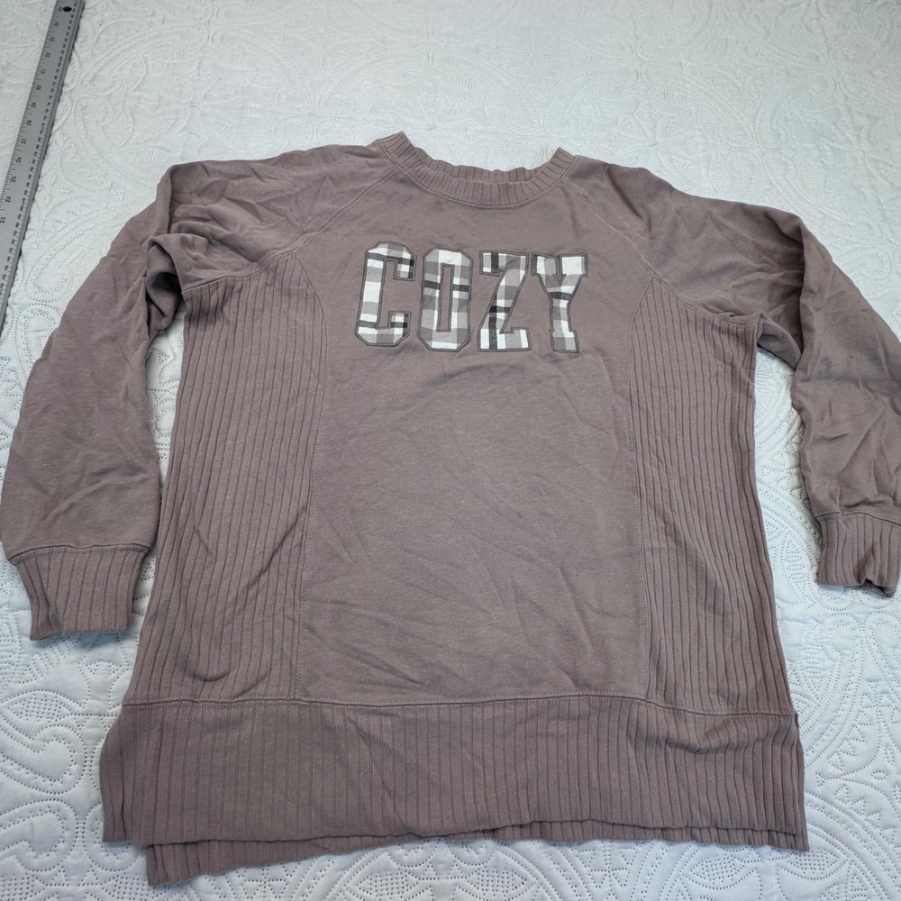 Maurices Mauve Cozy Plaid Graphic Ribbed Side Sweatshirt Small